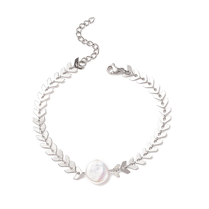 Pulsera de eslabones de perlas naturales con 304 cadenas de mazorcas de acero inoxidable para mujer