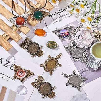 Kit de fabricación de joyas con colgante de animal diy, incluyendo engastes de cabujón de aleación de mariposa, tortuga y búho, Cabuchones de cristal