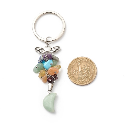 Lune mélange de copeaux de pierres naturelles et synthétiques et porte-clés pendentif, avec porte-clés fendus