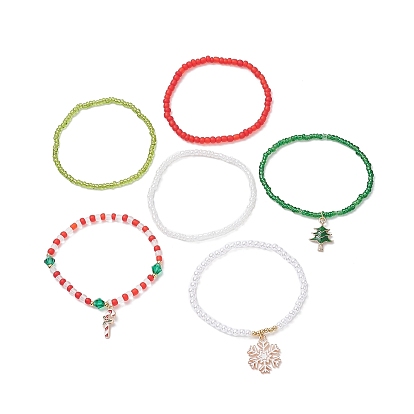 6шт 6 стильные браслеты из стеклянных бусин стрейч набор, Рождественская елка, снежинка и леденец, подвески из сплава эмали, штабелируемые браслеты для женщин