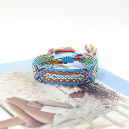 Polyester Braided Rhombus Pattern Cord Bracelet, Ethnic Tribal Adjustable Brazilian Bracelet for Women