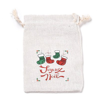 Pochettes de rangement en tissu de coton de noël, rectangles sacs à cordon, pour les sacs-cadeaux de bonbons