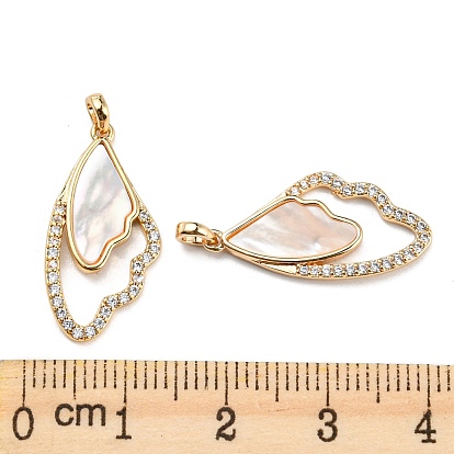 Natural White Shell & Clear Cubic Zirconia & Brass Pendants, Butterfly with Wing