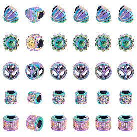SUPERFINDINGS 30Pcs 5 Style Rainbow Color Alloy European Beads, Large Hole Beads, Cadmium Free & Nickel Free & Lead Free, Mixed Shapes