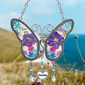 Papillon et cœur pour la fête des mères avec mot en alliage et carillon à vent en acrylique, pour les décorations de jardin à la maison