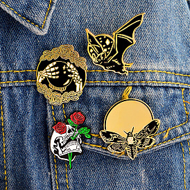 Vintage Punk Bat Bee Rose Skull Hand & Crystal Ball Oil Drop Brooch Pin