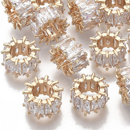 Brass Micro Pave Cubic Zirconia European Beads, Large Hole Beads, Nickel Free, Rondelle, Clear, Real 18K Gold Plated
