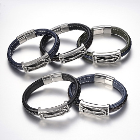 Tressés bracelets cordon en cuir pour hommes, avec 304 accessoires en acier inoxydable et les fermoirs magnétiques, rectangle avec ancre
