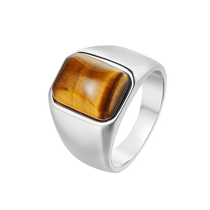Rectangle Natural Tiger Eye Finger Ring, Stainless Steel Jewelry