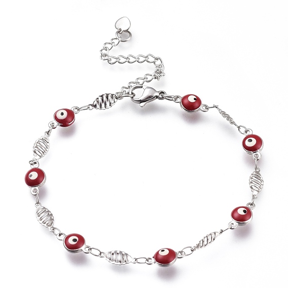 304 Stainless Steel Link Bracelets, with Enamel and Lobster Claw Clasps, Evil Eye & Oval, Red