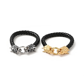 Bracelet cordon rond tressé cuir, 304 fermoirs tête de dragon en acier inoxydable bracelet gothique pour hommes femmes