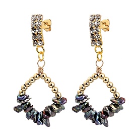 Brass Dangle Stud Earrings, with Natural Baroque Pearl Keshi Pearl Beads and Rhinestones, Rhombus