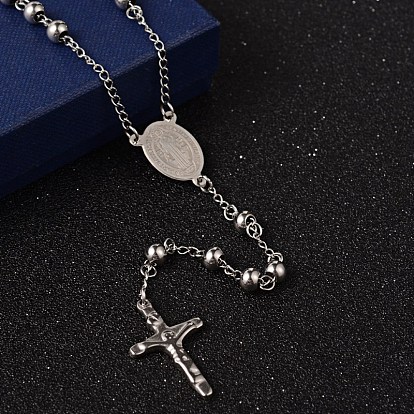 Crucifix Cross Stainless Steel Rosary Bead Necklaces, 304 Stainless Steel Chain with 201 Stainless Steel Findings, For Easter, 27.6 inch (70cm)