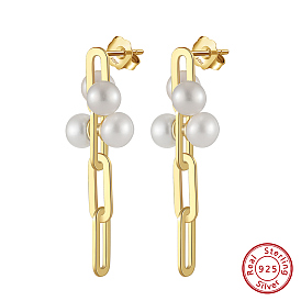 925 Sterling Silver Oval Dangle Stud Earrings, with Natural Pearl, with S925 Stamp