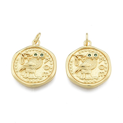 Brass Micro Pave Green Cubic Zirconia Pendants, with Jump Rings, Flat Round with Owl Pattern