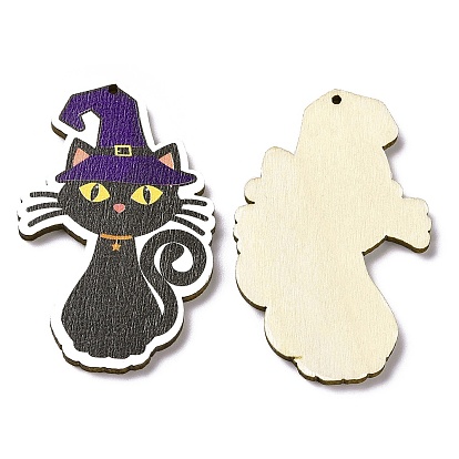 Grands pendentifs en bois de tremble imprimé simple face, breloque chat avec chapeau de sorcière, thème de l'Halloween