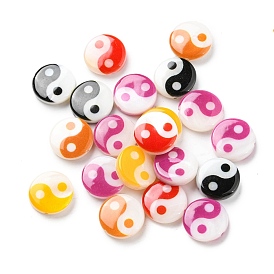 Printed Natural Freshwater Shell Beads, Yin Yang Flat Round Beads