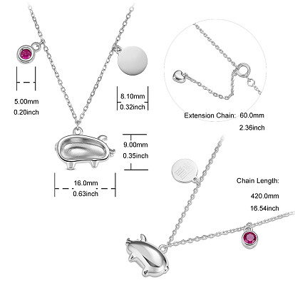 SHEGRACE 925 Sterling Silver Pendant Necklaces, with Grade AAA Cubic Zirconia and Cable Chains, Pig and Flat Round