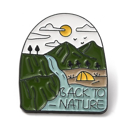 Tema de camping al aire libre con pin esmaltado con la palabra "Volver a la naturaleza", Broche de aleación de zinc negro para ropa mochila.