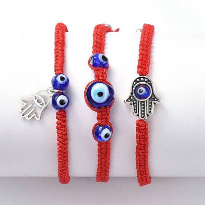 Adjustable Nylon Thread Braided Bead Bracelets Sets, with Handmade Lampwork Evil Eye Beads, Tibetan Style Alloy Bead Frames and 304 Stainless Steel Charms, Hamsa Hand/Hand of Fatima/Hand of Miriam