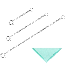 3Pcs 3 Style 925 Sterling Silver Chain Extender, with Clasps & Curb Chains and 1Pc Silver Polishing Cloth