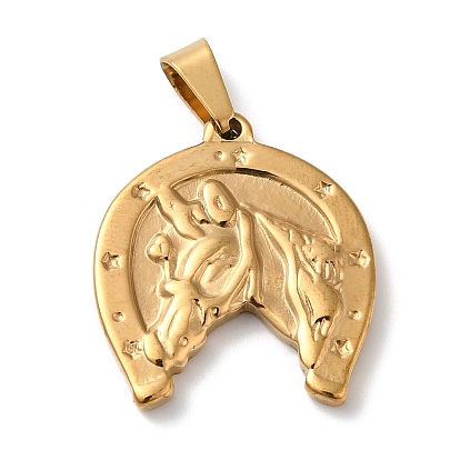 Vacuum Plating 304 Stainless Steel Pendants, Horseshoe with Horse Charms