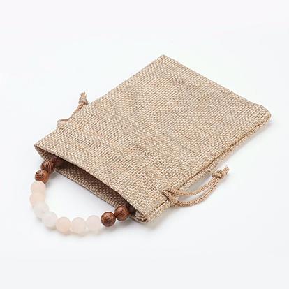 Wood Beaded Stretch Bracelets, with Gemstone Beads and Burlap Packing Pouches Drawstring Bags