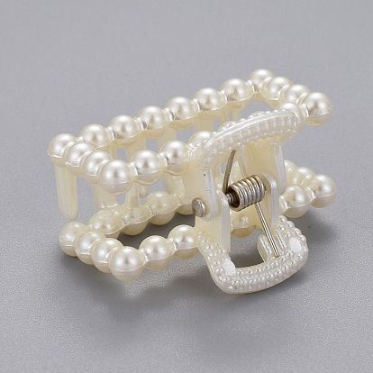 Plastic Claw Hair Clips, with ABS Plastic Imitation Pearl Beads and Iron Findings, Rectangle