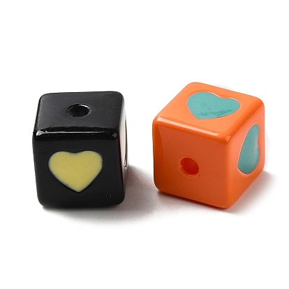 Opaque Enamel Acrylic Beads, Cube with Heart Pattern