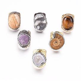 Natural Gemstone Cuff Finger Rings, with Polymer Clay Rhinestone and Brass Findings, Nuggets