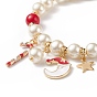 Natural Mashan Jade & Glass Pearl Beaded Stretch Bracelet, Christmas Candy Cane & Santa Claus & Star Charm Bracelet for Women