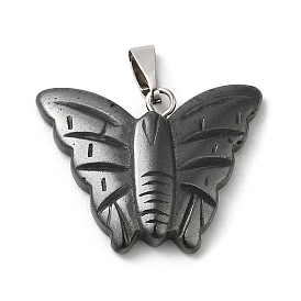 Synthetic Non-Magnetic Hematite Pendants, Butterfly Charms with Platinum Plated Brass Snap on Bails