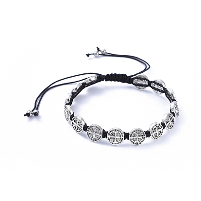Bracelets de perles de nylon tressés réglables, avec des perles rondes plates en alliage de style tibétain et 304 perles en acier inoxydable, Saint-Benoît médaille