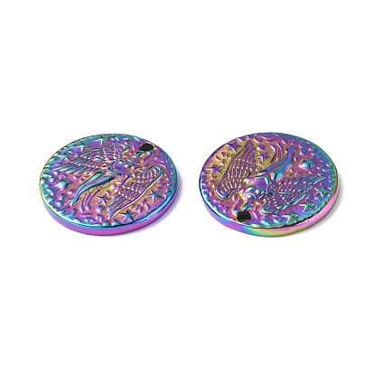 Ion Plating(IP) 304 Stainless Steel Pendants, Textured, Flat Round with Angel Charm