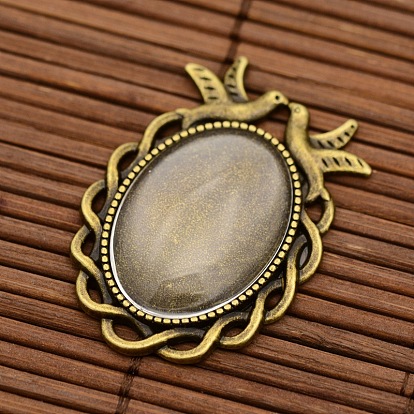 Vintage Tibetan Style Alloy Bird Pendant Cabochon Bezel Settings and Transparent Oval Glass Cabochons, Nickel Free, Tray: 25x18mm, 38x27x2mm, Hole: 4mm, Glass Cabochons: 25x18x5mm