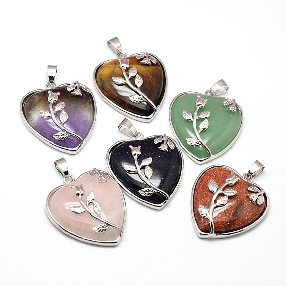 Heart with Flower Platinum Plated Brass Mixed Stone Pendants, Cadmium Free & Lead Free, 37x31.5x8mm, Hole: 5x8mm