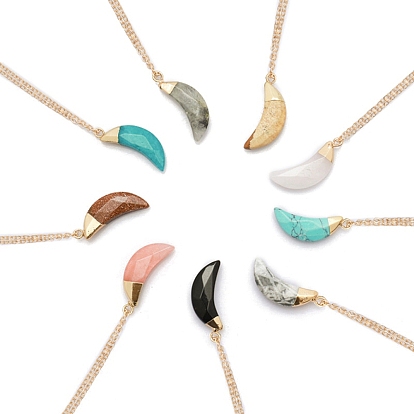 Gemstone Pendants, Faceted Moon Charms, with Golden Plated Brass Findings