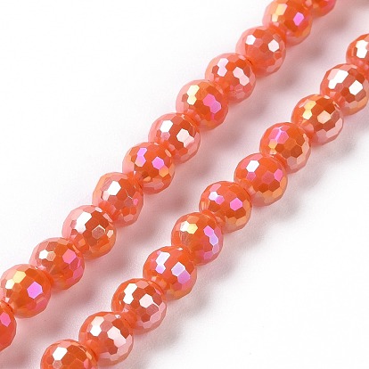 Electroplate Opaque Solid Color Glass Beads Strands, AB Color Plated, Faceted(96 Facets), Round