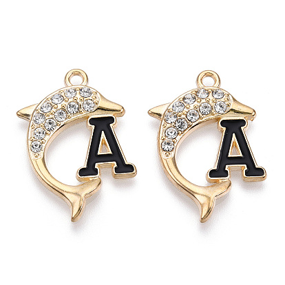 Alloy Enamel Pendants, with Crystal Rhinestone, Cadmium Free & Lead Free, Dolphin with Initial Letter A