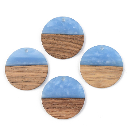Opaque Resin & Walnut Wood Pendants, Flat Round