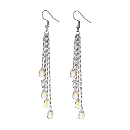 304 Stainless Steel Chains Tassel Earrings, Glass Teardrop Dangle Earrings