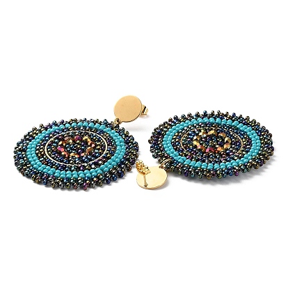 Woven Glass Beaded Flat Round Dangle Stud Earrings, with Vacuum Plating 304 Stainless Steel Pins