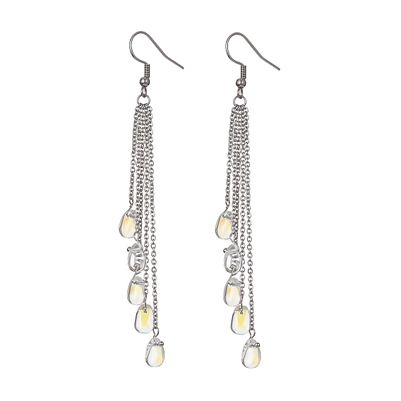 304 Stainless Steel Chains Tassel Earrings, Glass Teardrop Dangle Earrings