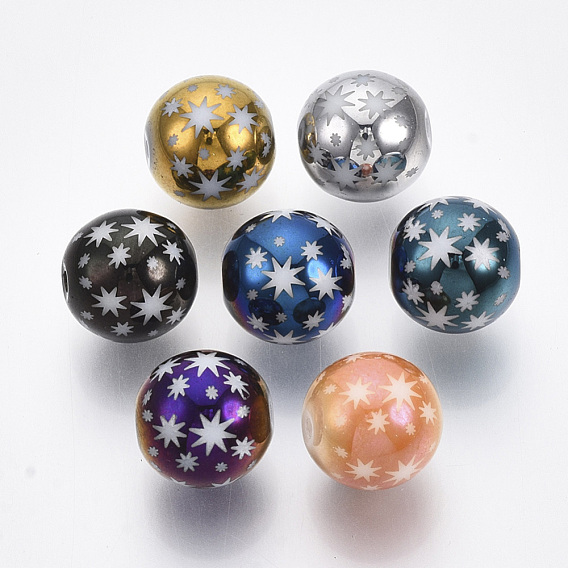 Christmas Electroplate Glass Beads, Round with Star Pattern