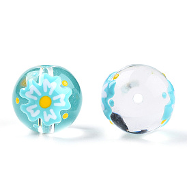 Transparent Handmade Lampwork Beads, Round with Flower Pattern