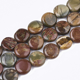 Natural Picasso Stone/Picasso Jasper Beads Strands, Flat Round