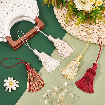 BENECREAT 5Pcs 5 Colors Polyester Tassel Pendant Decorations, with Tether & Wood Inner Core, for Purse, Backpack, Car Ornament