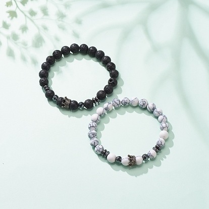 2pcs 2 bracelets extensibles en pierre de lave naturelle et howlite synthétique et hématite de style pièces avec couronne en alliage, bijoux de pierres précieuses d'huile essentielle pour les femmes