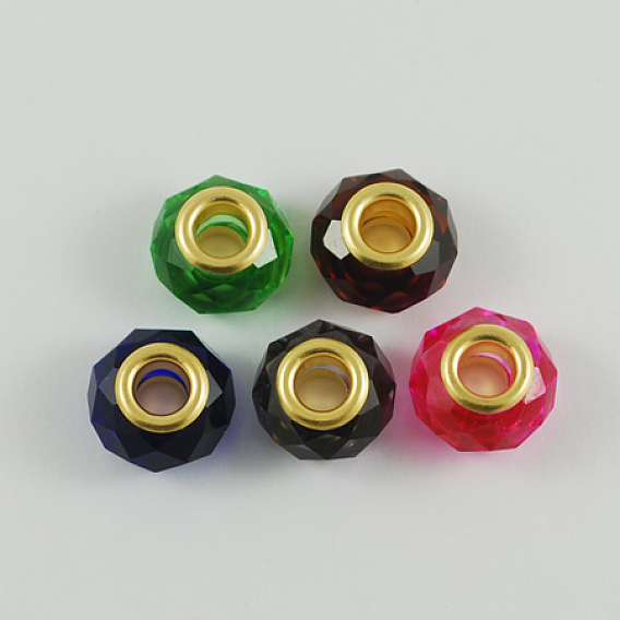 Glass European Beads, with Golden Plated Brass Double Cores, Faceted, Rondelle, 14x9mm, Hole: 5mm