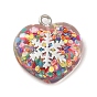 Pendentif en acrylique, avec les accessoires en fer, glitter, coeur de Saint Valentin avec flocon de neige